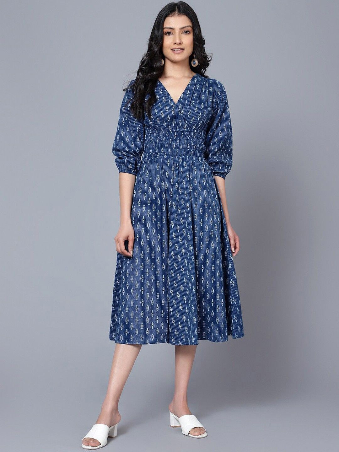 

Jash Creation Women V-Neck Bishop Sleeve Fit & Flare Midi Dress, Navy blue