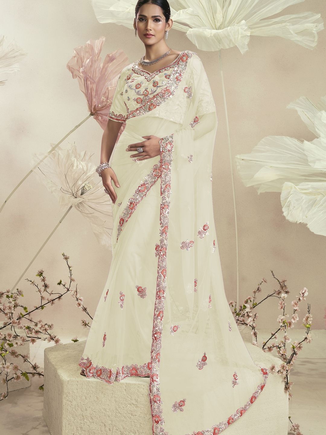 

Suha Net Saree, Off white