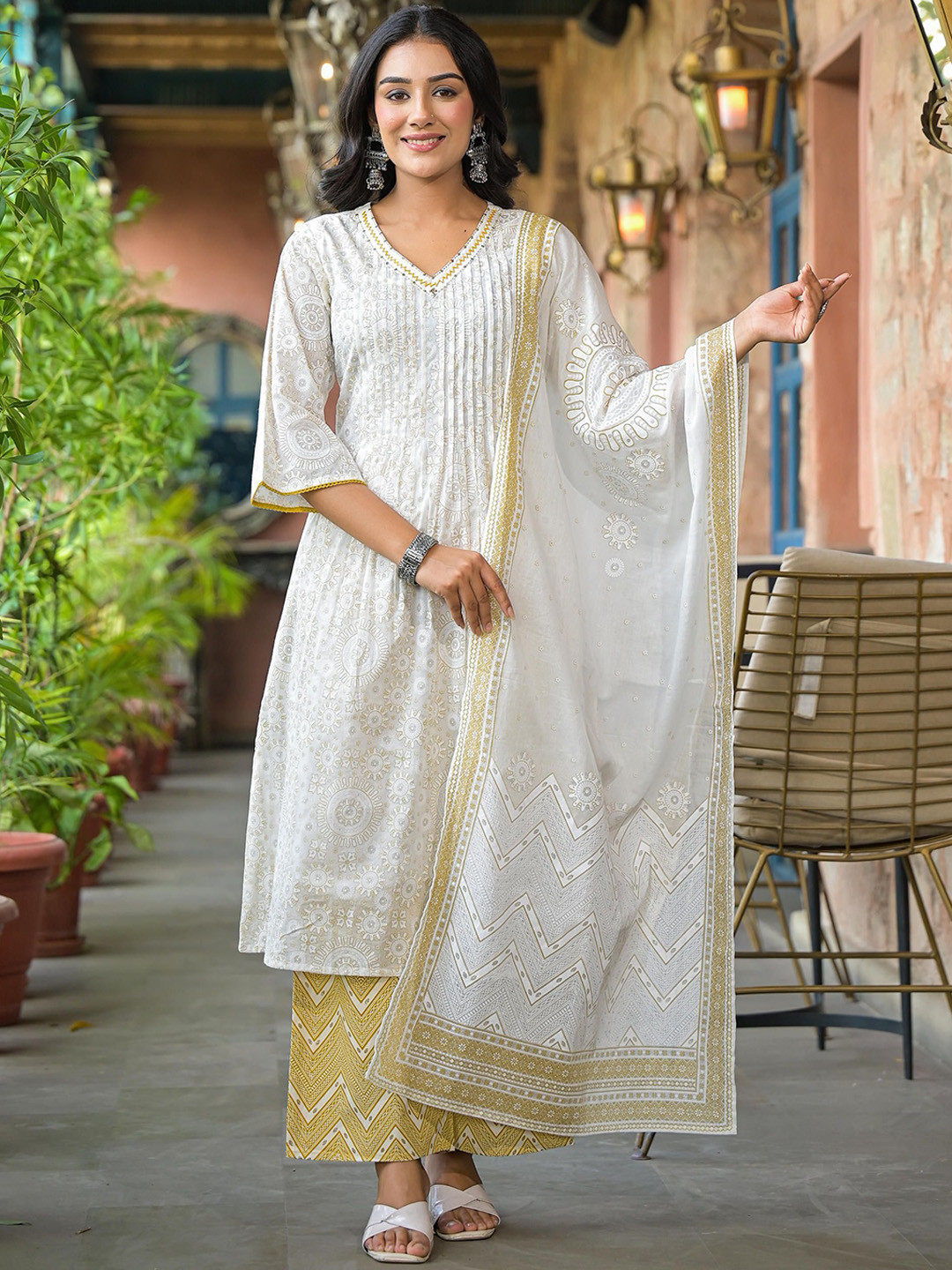 

Juniper Printed Pure Cotton Kurta With Trousers & Dupatta, Off white