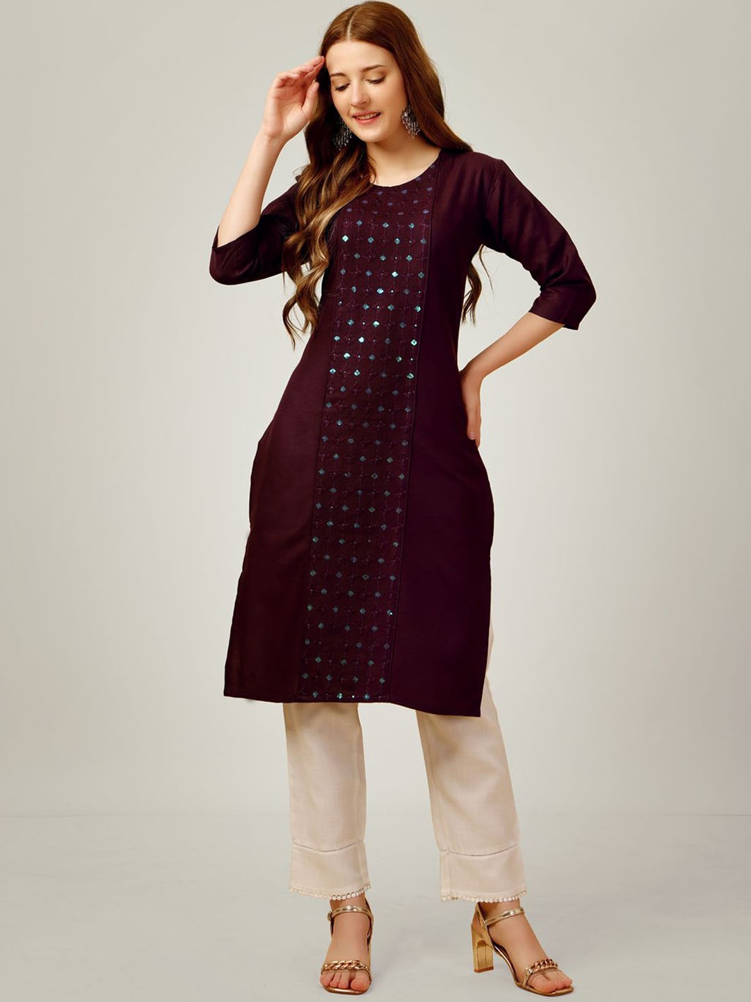 

HERE&NOW Women Ethnic Motifs Embroidered Regular Mirror Work Kurta with Churidar, Purple