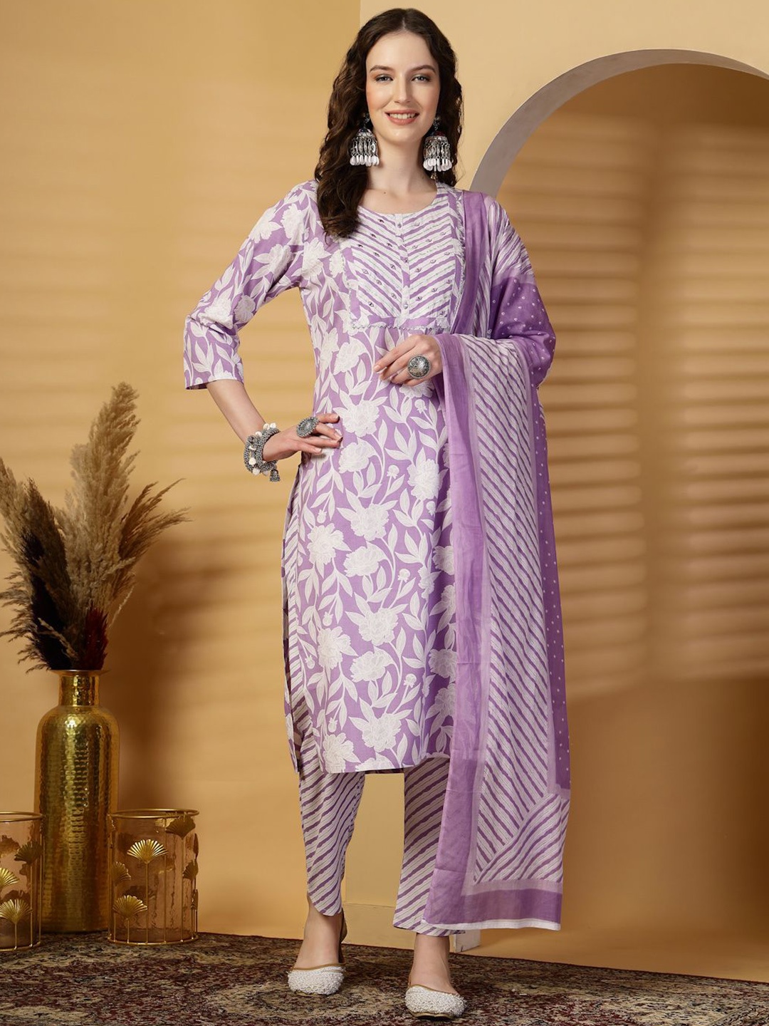 

Clora Creation Floral Printed Regular Mirror Work Kurta with Palazzos & With Dupatta, Mauve