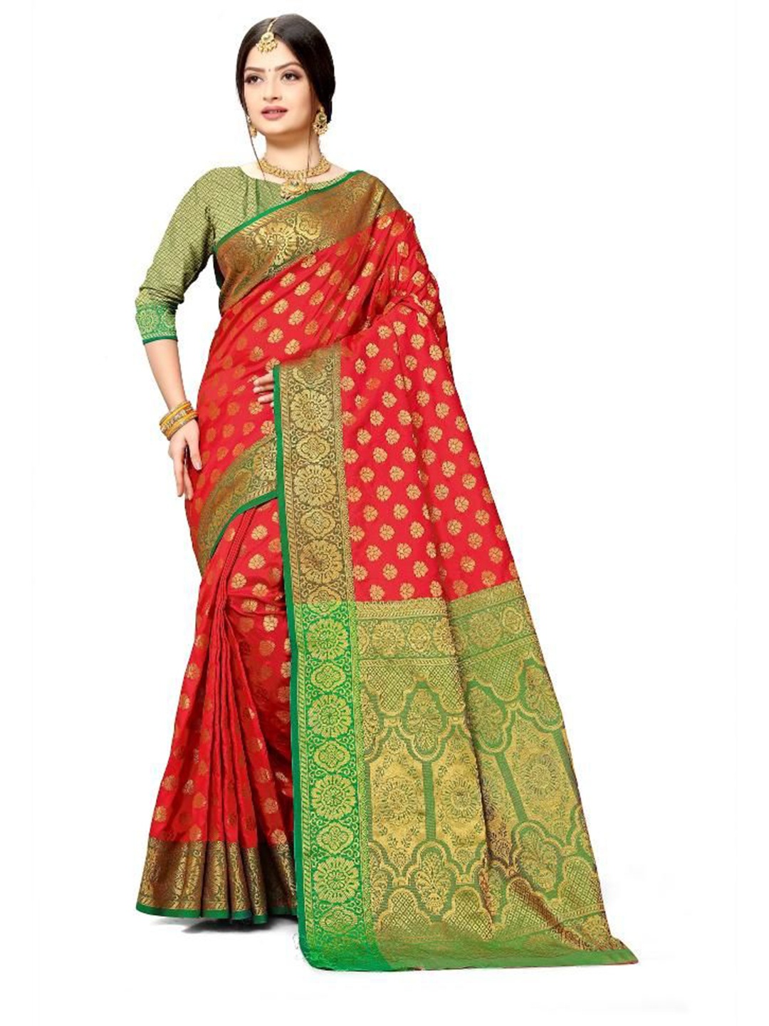 

AKSH FASHION Woven Design Zari Silk Blend Banarasi Saree, Red