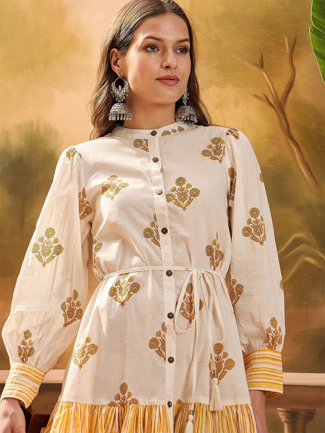 

Sangria Printed Pure Cotton Round Neck Fit & Flare Above Knee Dress, Off white