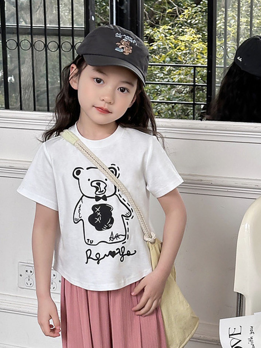 

LULU & SKY Girls Biker Printed Raw Edge T-shirt, Off white
