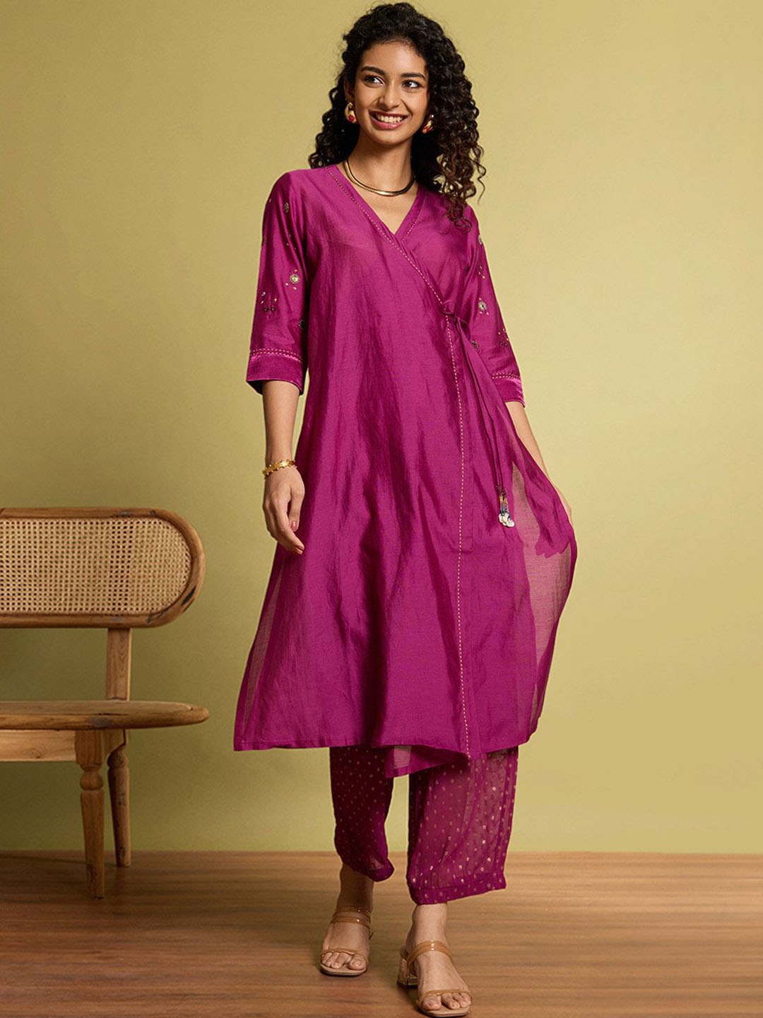 

Taneira Women Embroidered Angrakha Mirror Work Kurta with Trousers, Violet