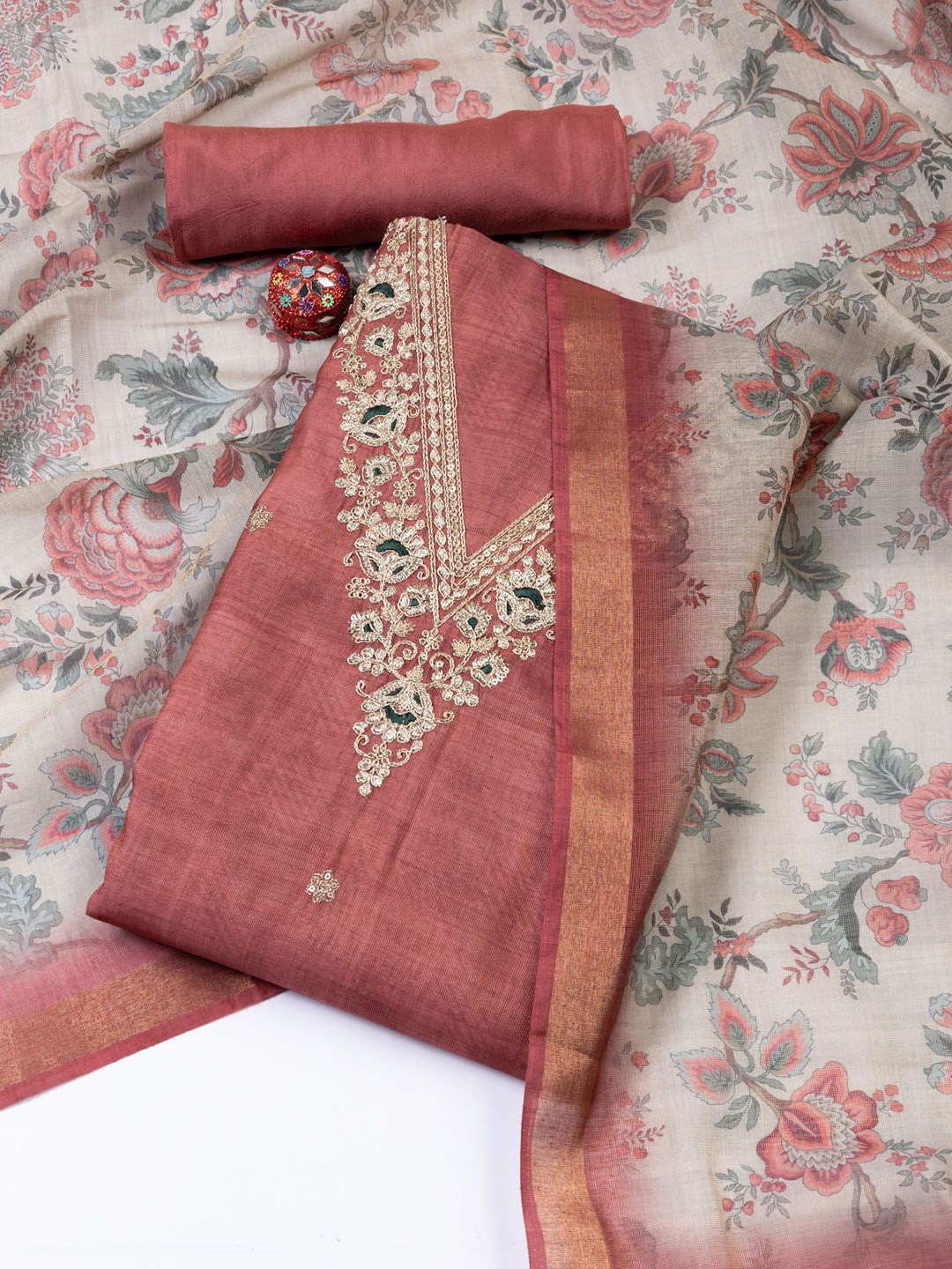 

Meena Bazaar Printed Art Silk Unstitched Dress Material, Rust
