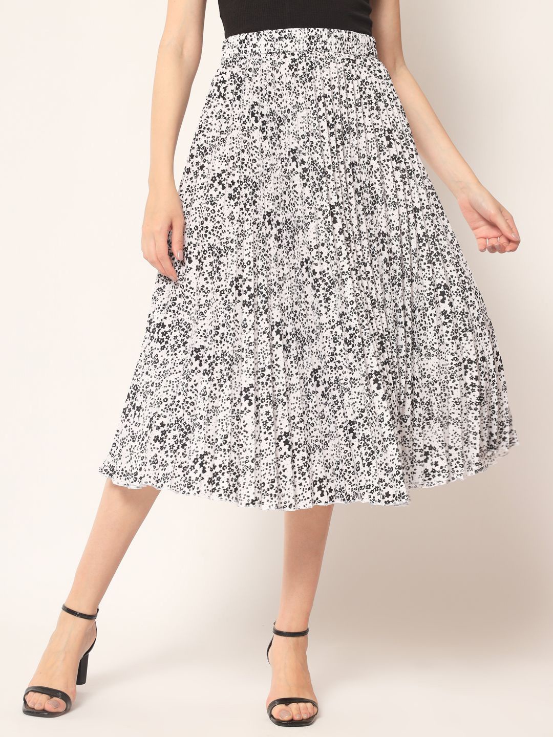 

OTABU Floral Printed Pleated A-Line Midi Skirt, Black