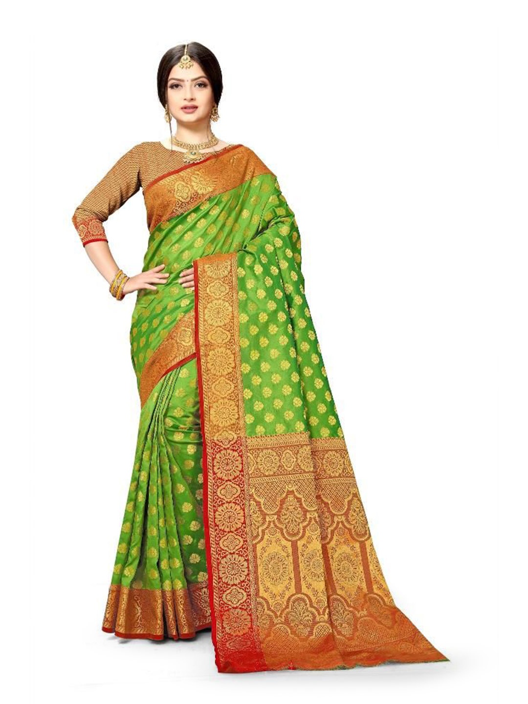 

jayant creation Woven Design Zari Silk Blend Banarasi Saree, Lime green