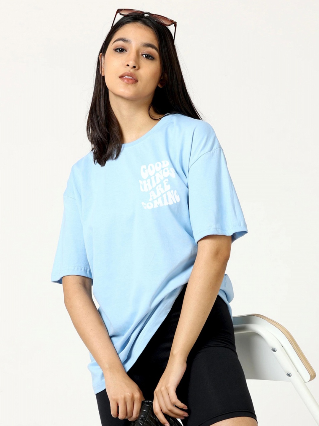 

RAYACLOSET Women Typography Printed Applique T-shirt, Blue