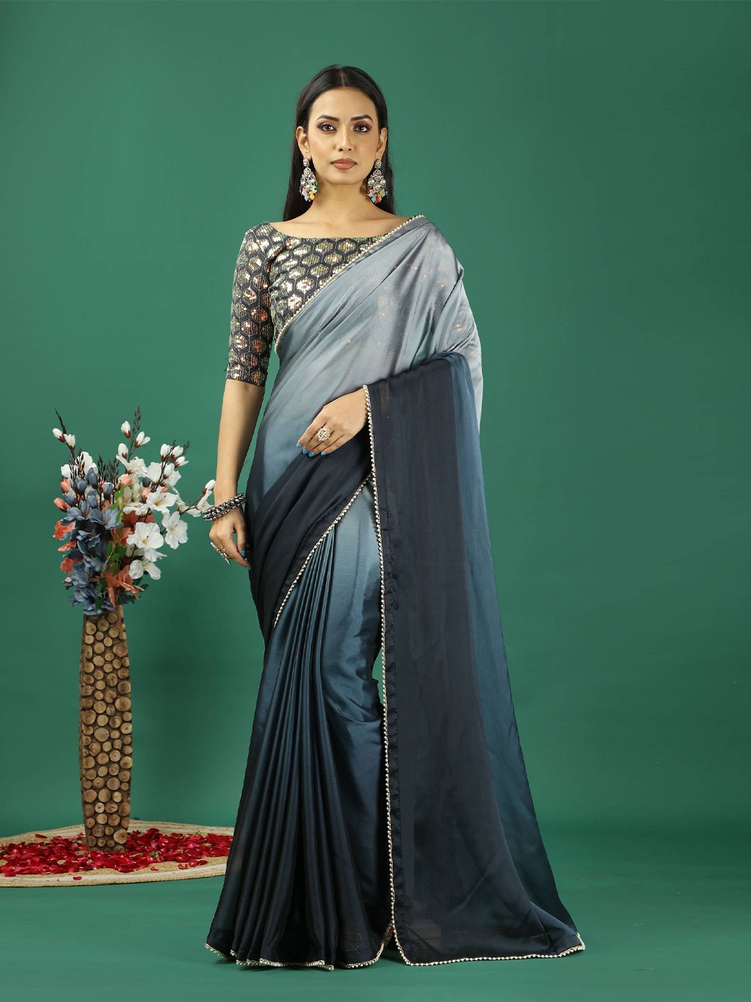 

DIVASTRI Ombre Beads and Stones Satin Banarasi Saree, Blue