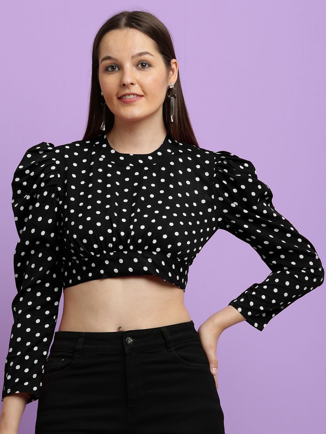 

CLOTHINK INDIA Polka Dot Colourblocked Tie-Up Neck Puff Sleeve Crepe Crop Top, Black