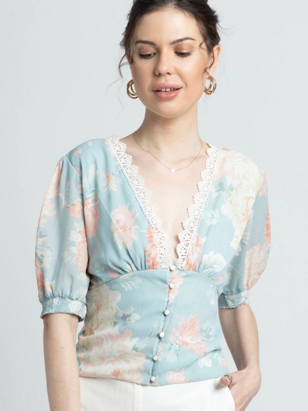 

JULO Floral Print Extended Sleeves Top, Blue