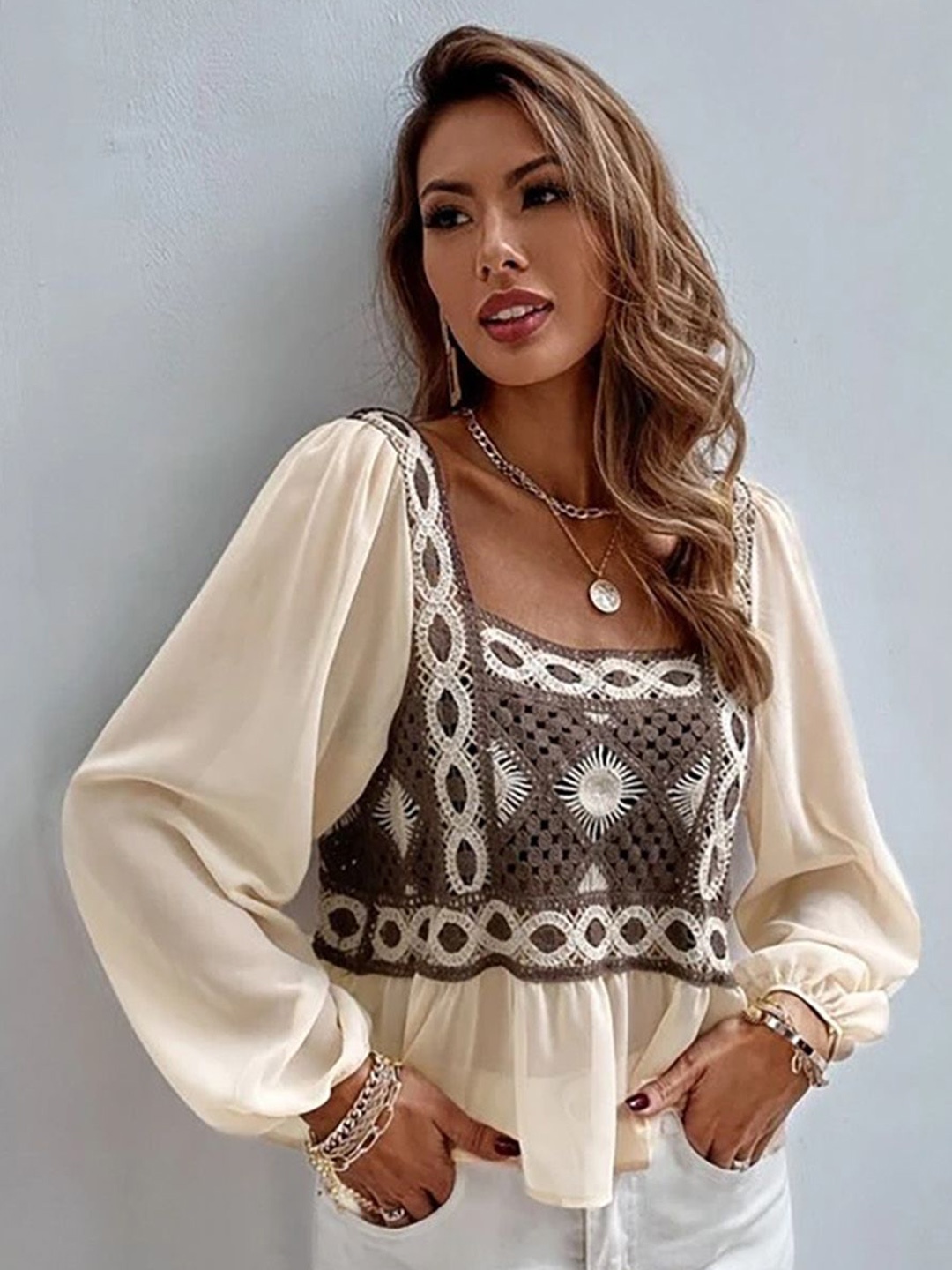 

JC Mode Embellished Print Top, Beige
