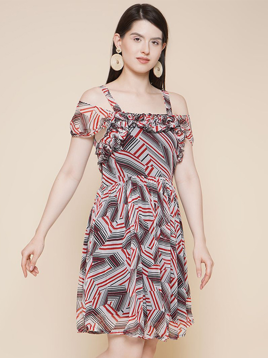 

JAKANARY Women Printed Cold-Shoulder Sleeves A-Line Dress, Black