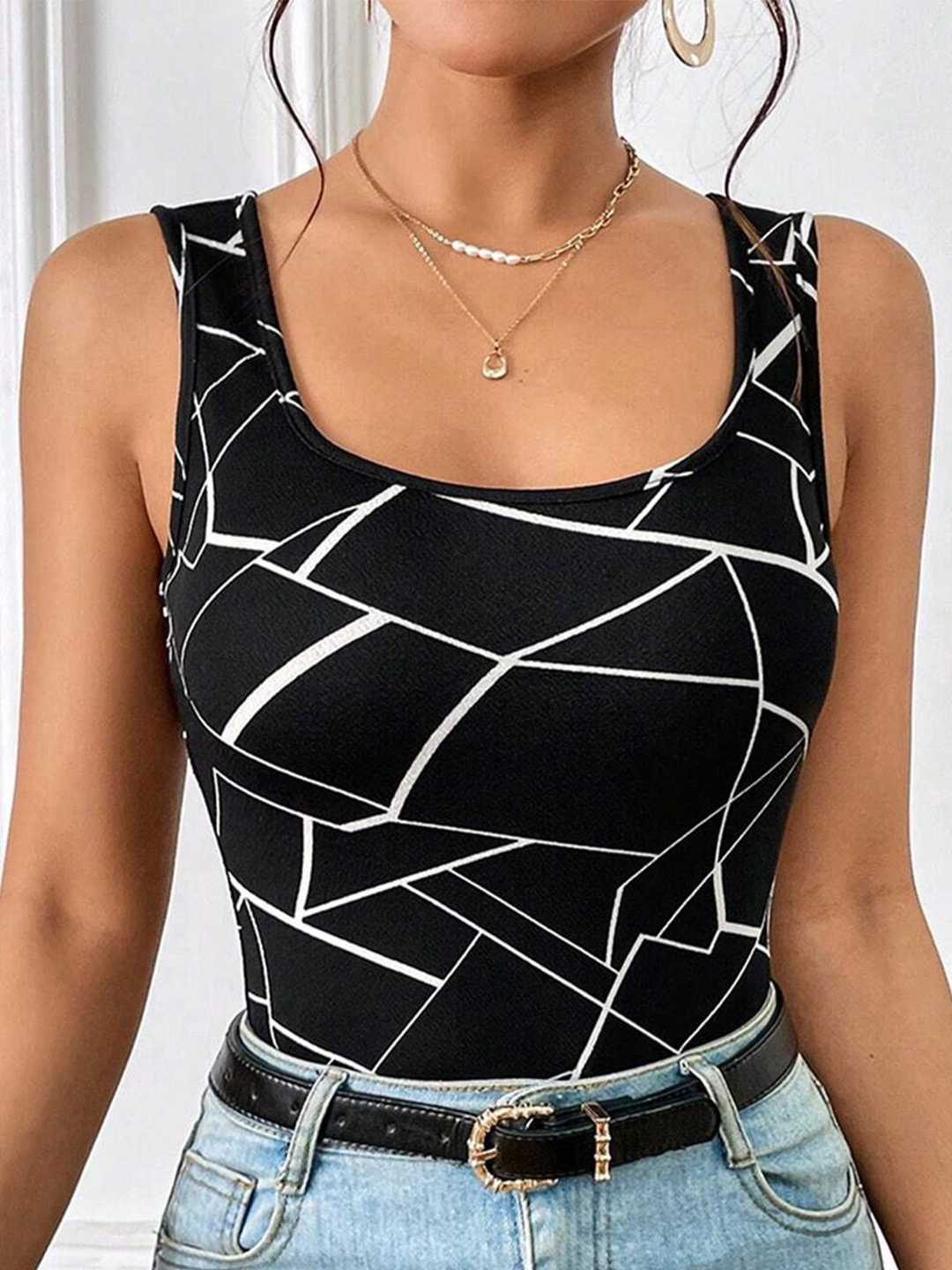 

JC Mode Geometric Print Tank Top, Black