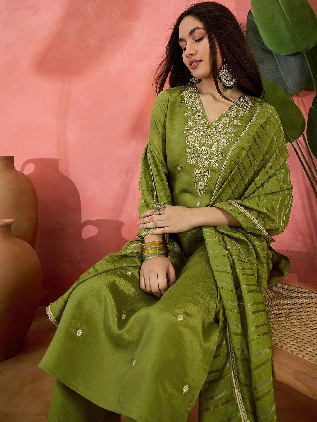 

Sangria Zari Sequence Embroidered Straight Kurta & Trousers With Dupatta, Lime green