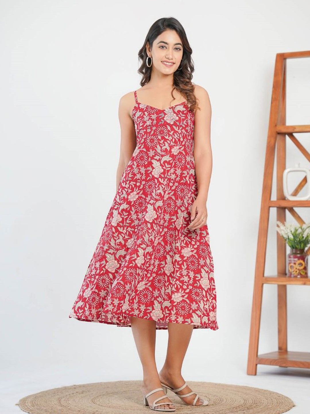 

GOODHAND Floral Print A-Line Midi Dress, Red
