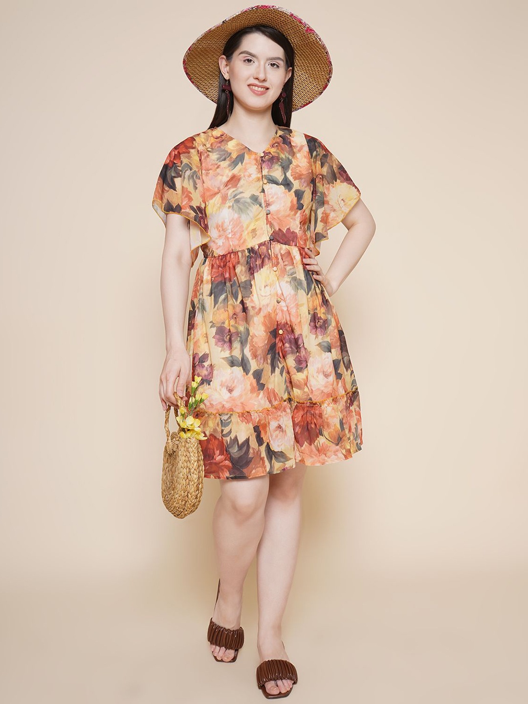 

JAKANARY Women Floral Printed V-Neck Flared Sleeves Fit and Flare Dress, Maroon