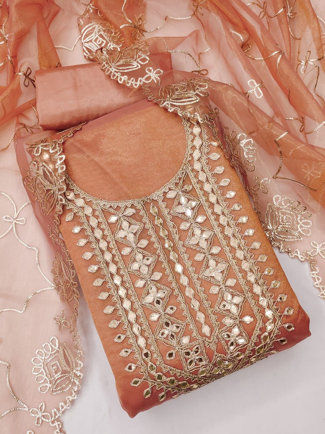 

BlissFlair Organza Unstitched Dress Material, Peach