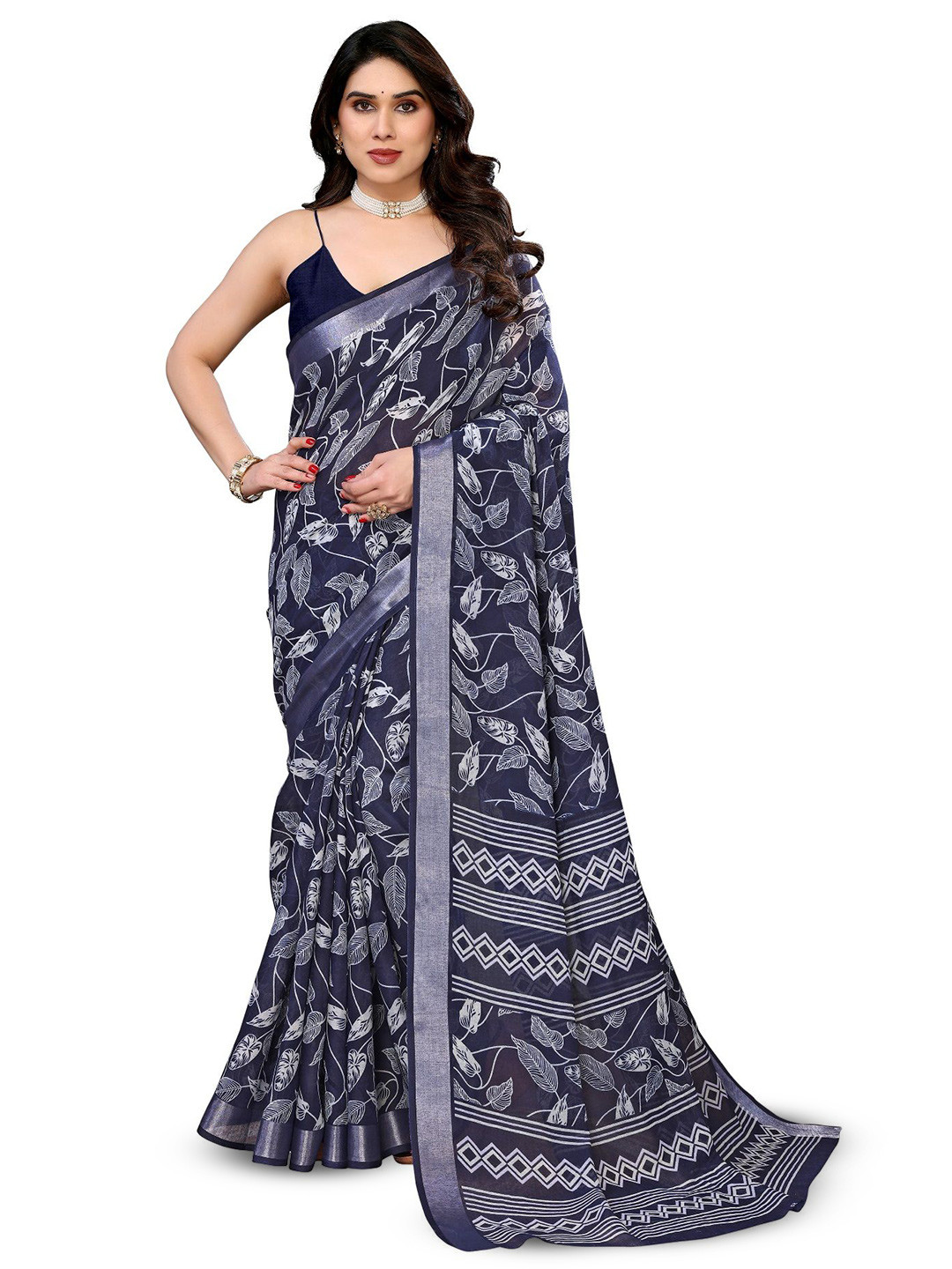 

Moda Rapido Floral Zari Linen Blend Saree, Blue