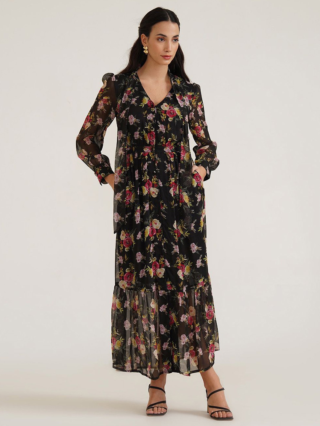 

B77 Floral Print Chiffon Maxi Dress, Black