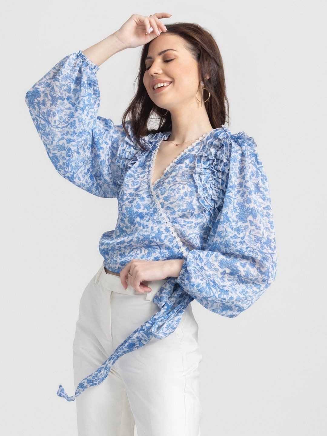 

JULO Floral Print Bell Sleeve Satin Chiffon Wrap Top, Blue