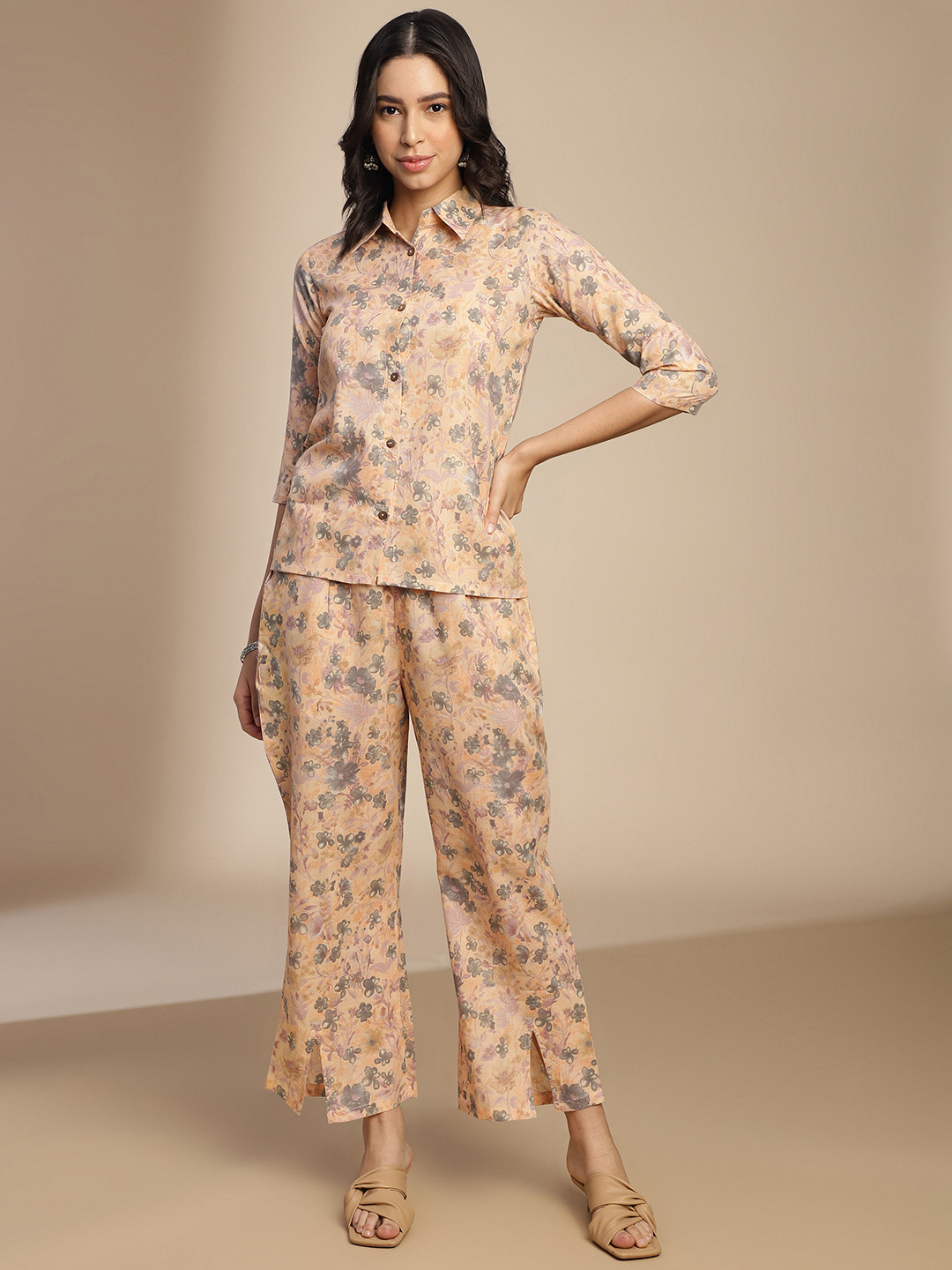 

The Roadster Lifestyle Co Printed Pure Cotton Shirt With Trousers Co-Ords, Peach