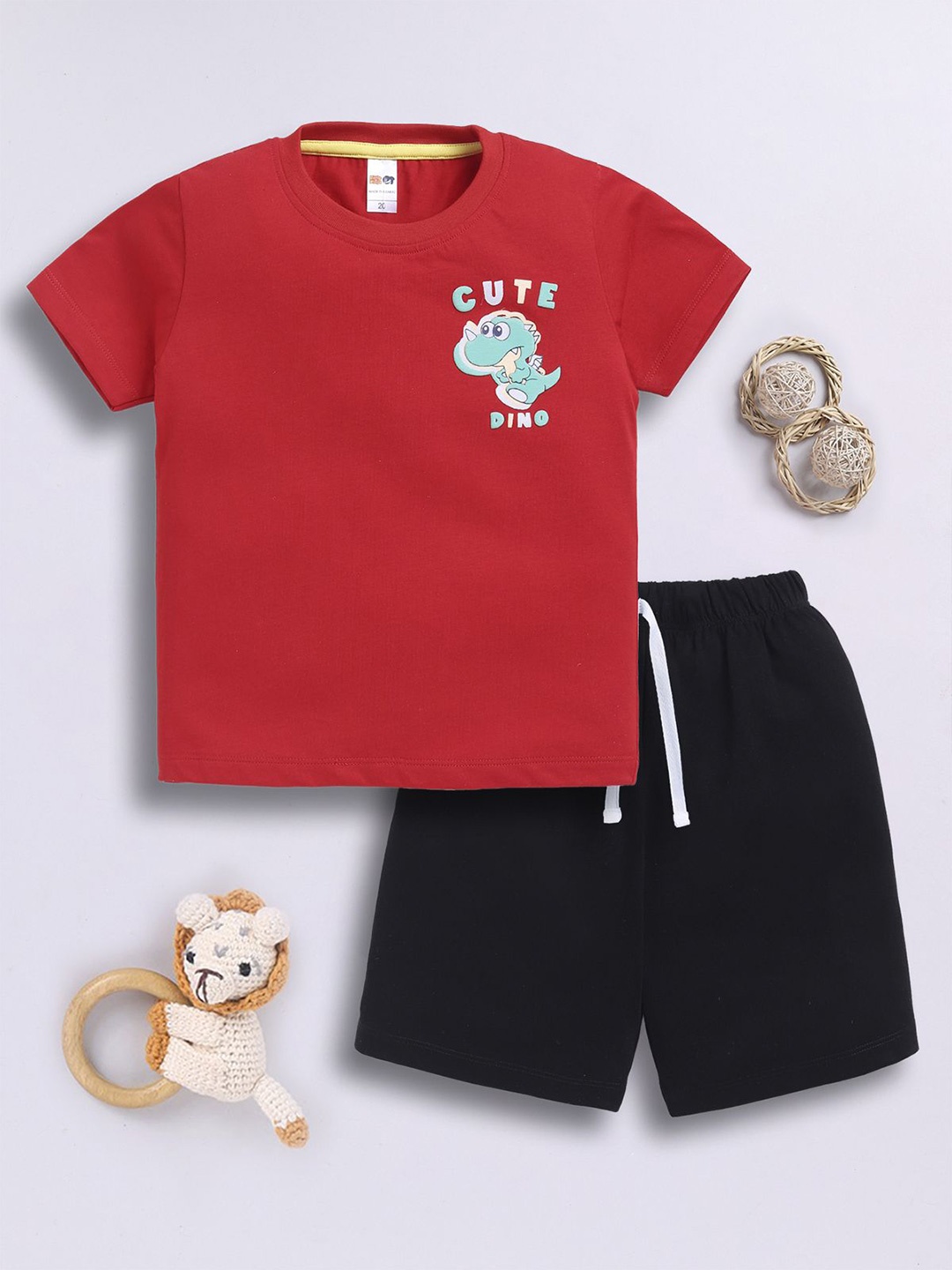 

LITTLE NINJA Boys Printed Round Neck Pure Cotton Top With Shorts, Red