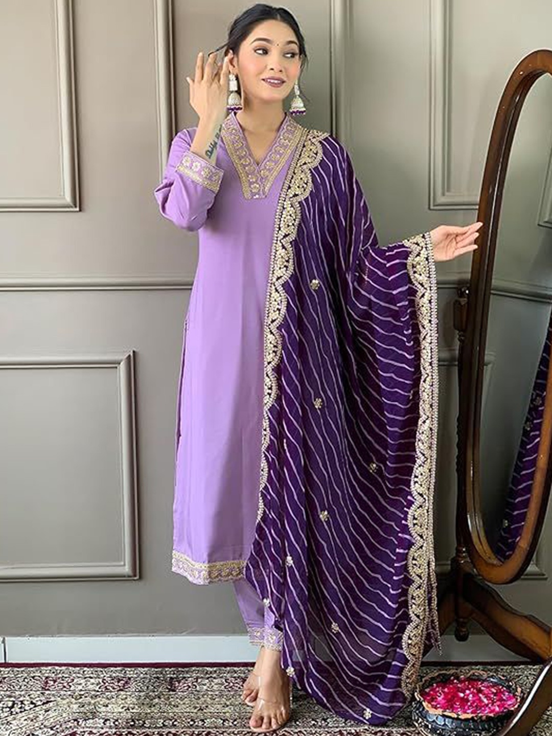 

BAESD Ethnic Motifs Yoke Design V-Neck Zari Kurta With Trousers & Dupatta, Purple