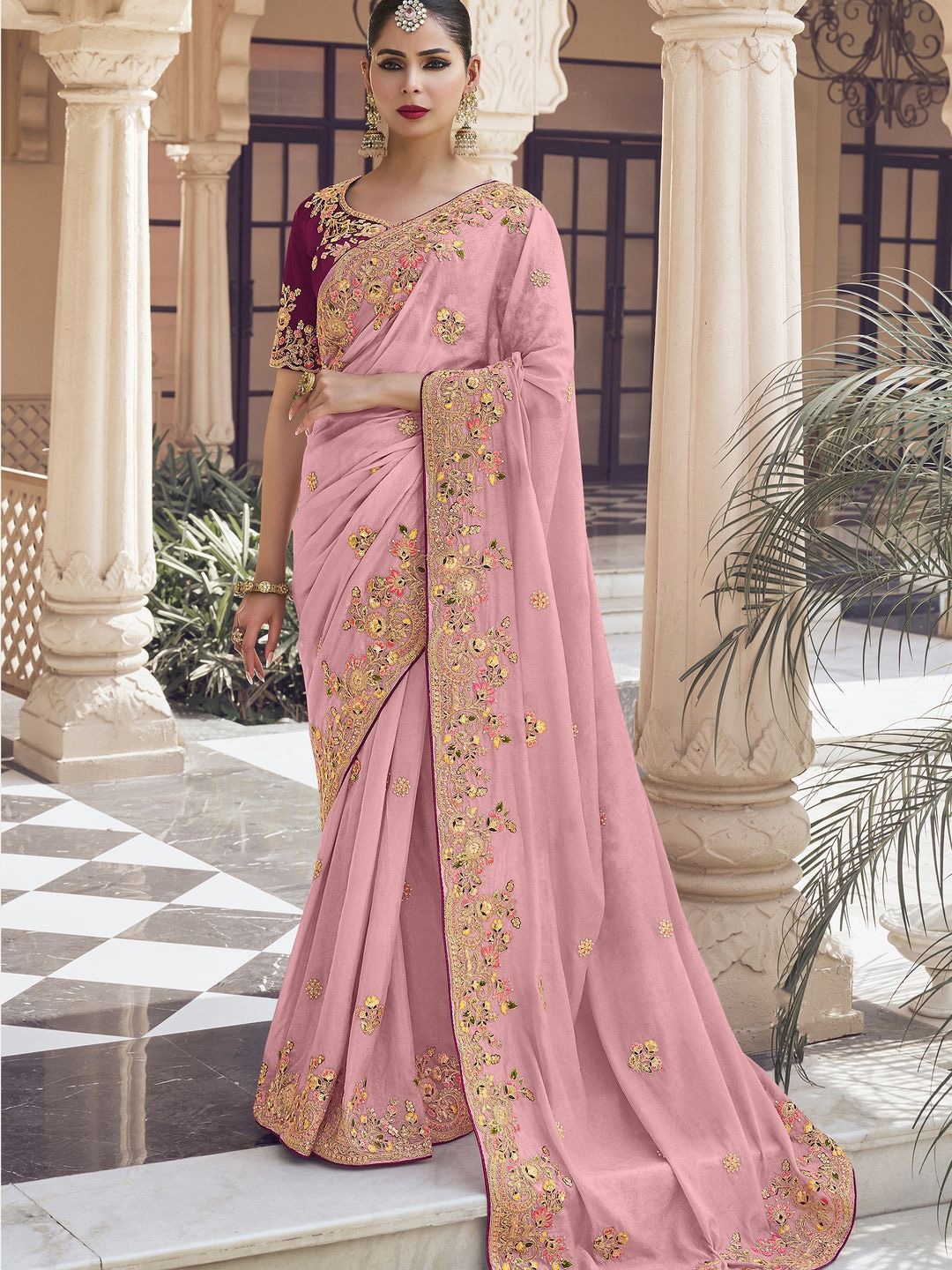 

Suha Floral Poly Georgette Saree, Pink