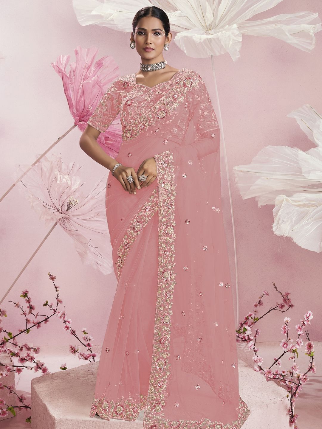 

Suha Floral Net Saree, Pink