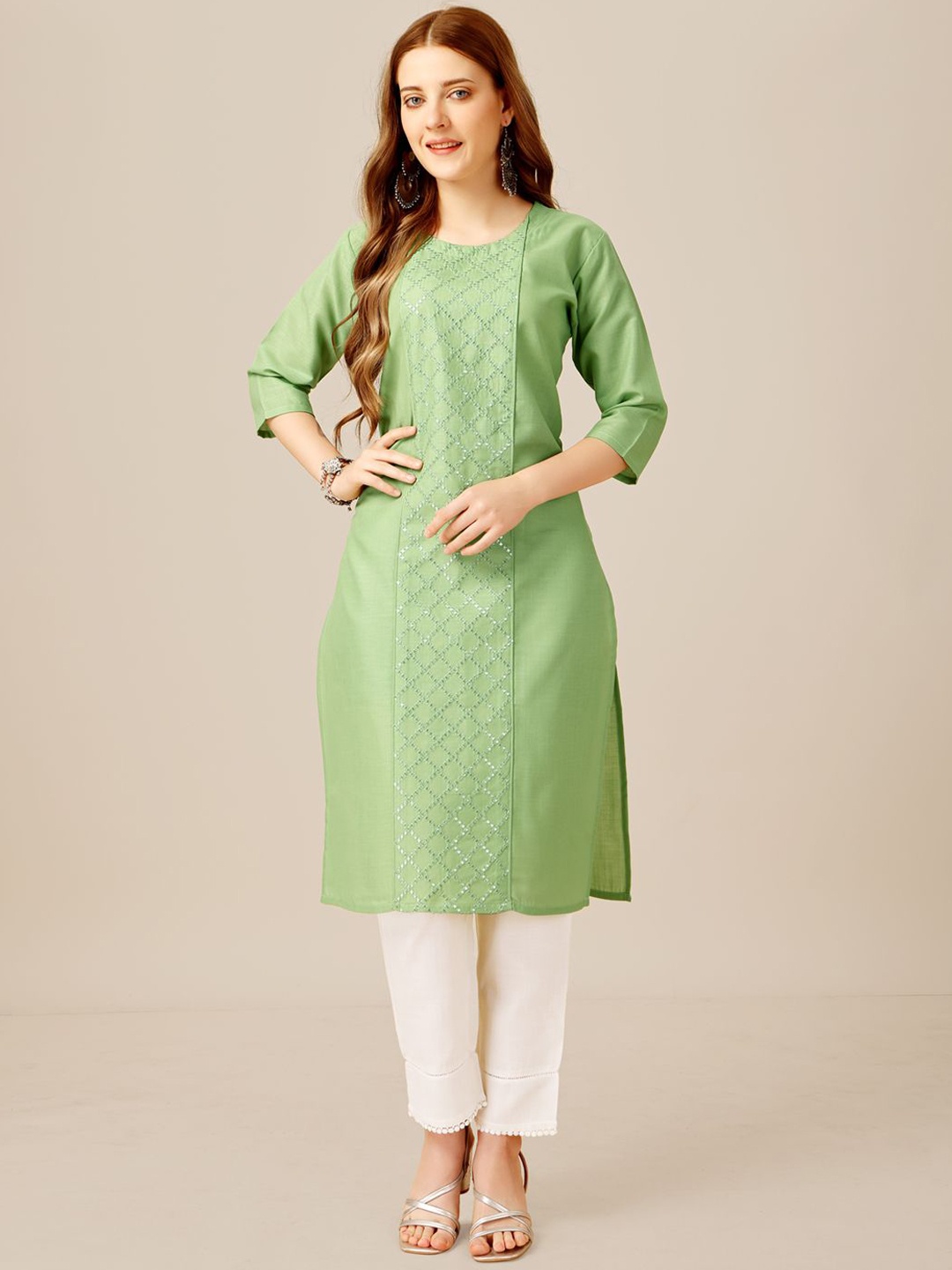 

HERE&NOW Women Embroidered Panelled Kurta with Churidar, Green