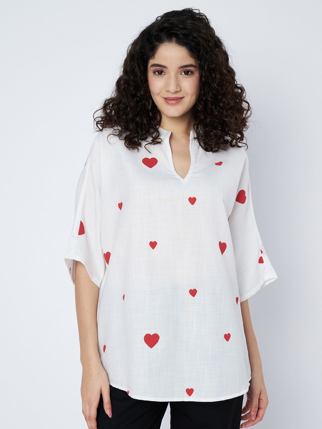 

9rasa Print Mandarin Collar Kimono Sleeve Cotton Boxy Top, White