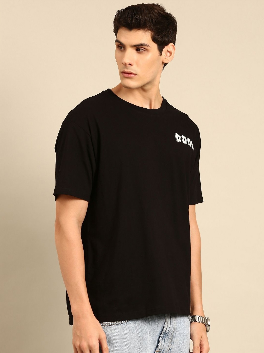

Mast & Harbour Men Printed Drop-Shoulder Sleeves Bio Finish Applique T-shirt, Black