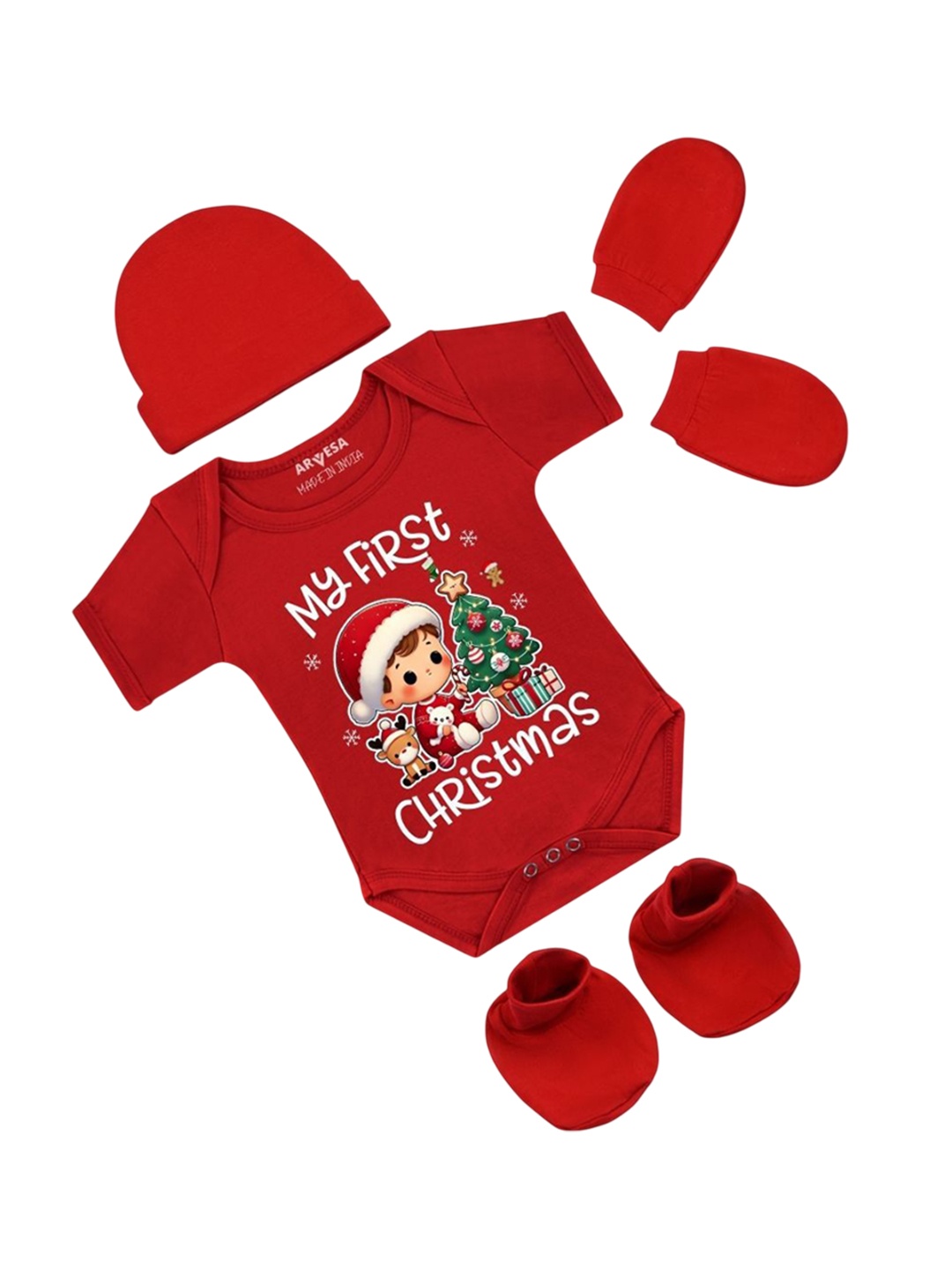 

Arvesa Infants My First Christmas Printed Bodysuit with Cap Booties Mitten, Red