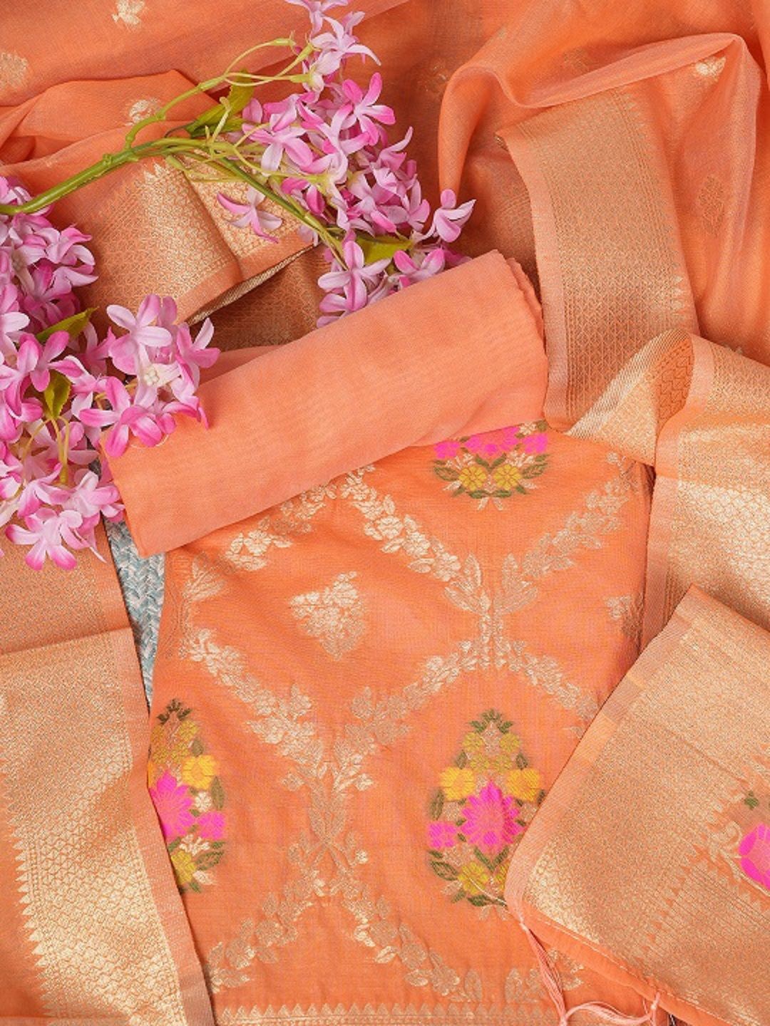 

MUFFLY Printed Pure Silk Unstitched Dress Material, Orange