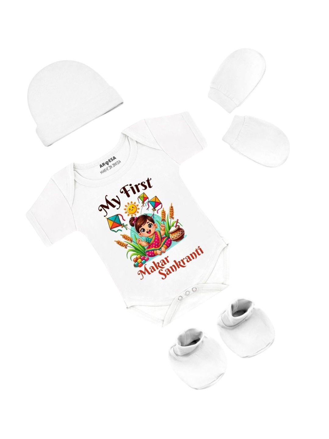 

Arvesa Infants My First Makar sankranti Printed Bodysuit with Cap Booties Mitten, White