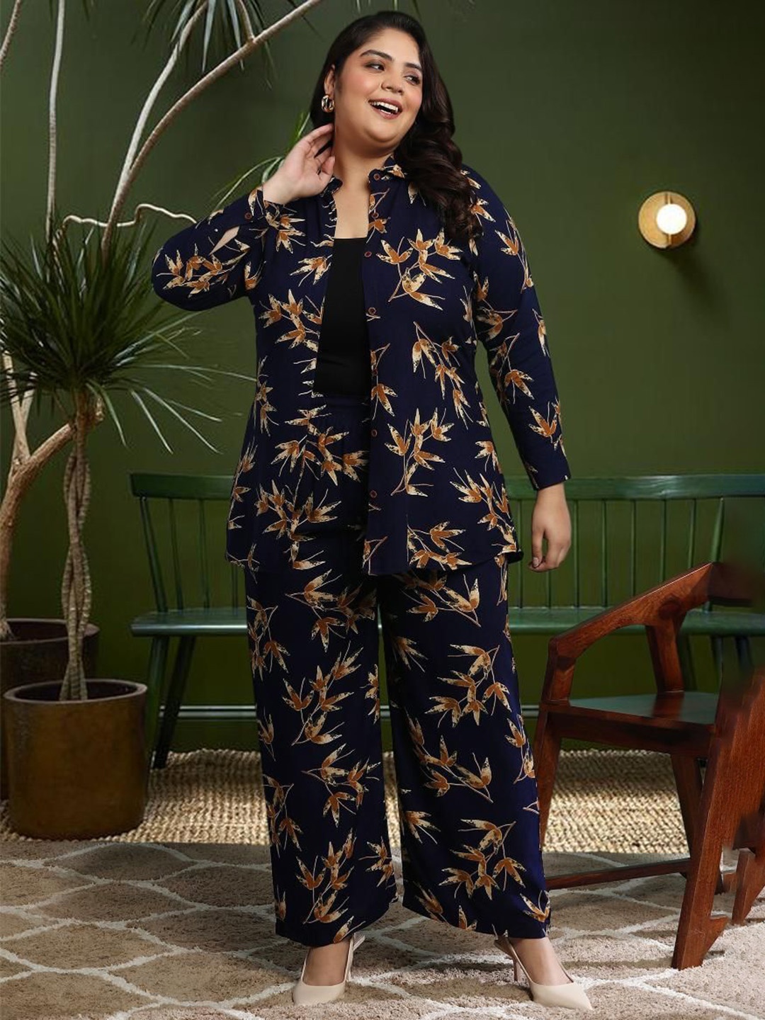

ISHQY Plus Size Floral Printed Pure Cotton Shirt With Palazzos Co-Ords, Navy blue