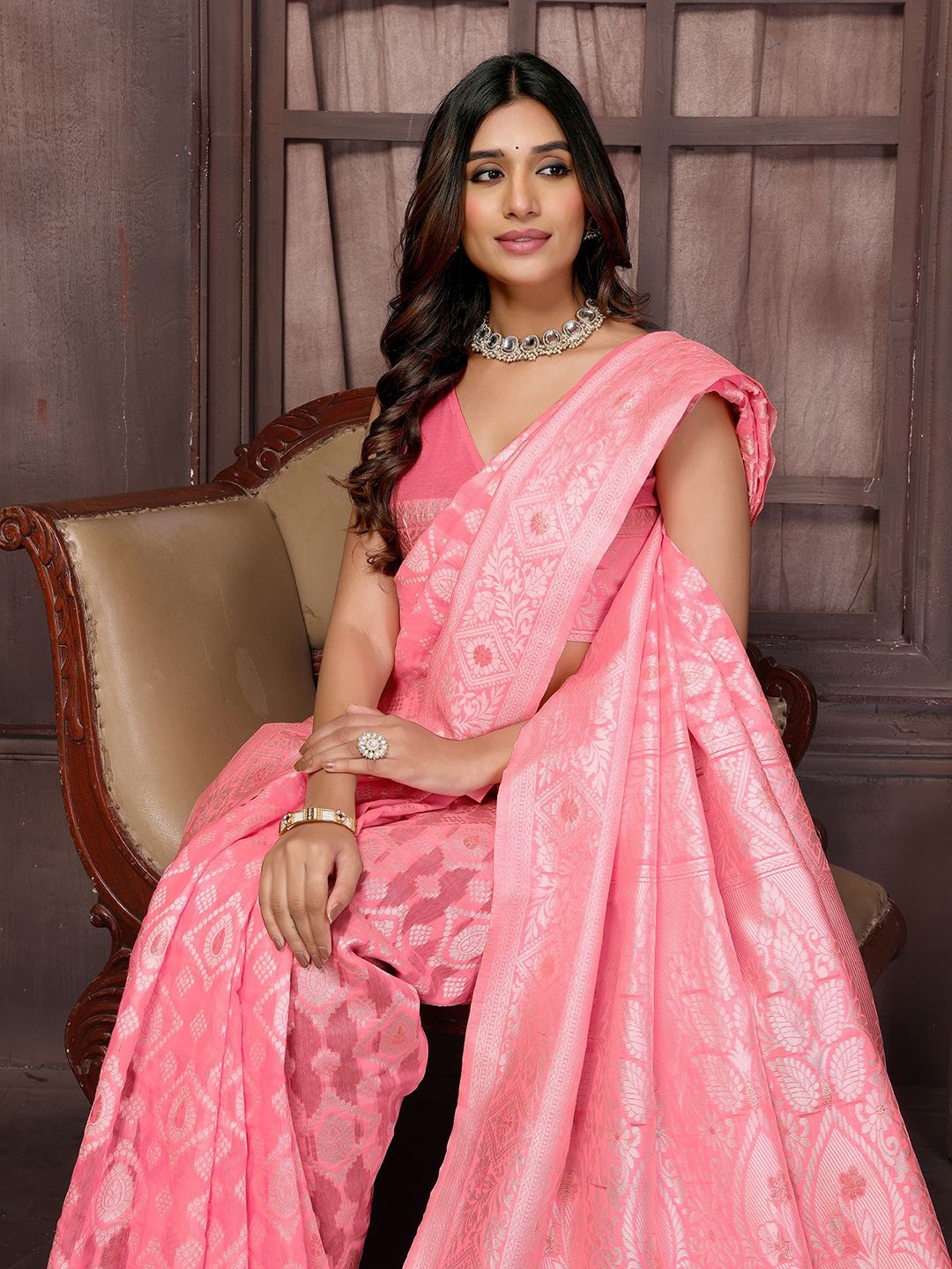 

Indeloom Ethnic Motifs Zari Chanderi Saree, Pink