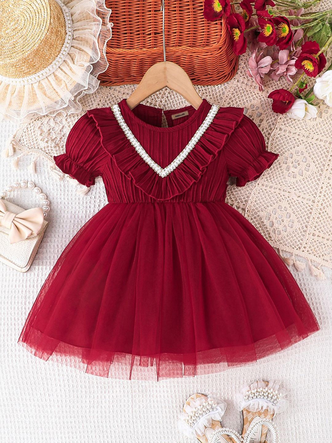 

INCLUD Puff Sleeve Fit & Flare Dress, Red