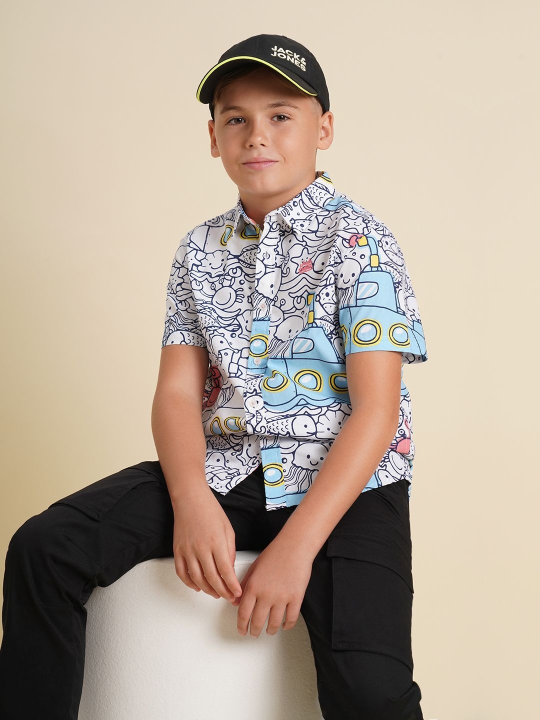 

Jack & Jones Junior Boys Spread Collar Graphic Printed Cotton Casual Shirt, White