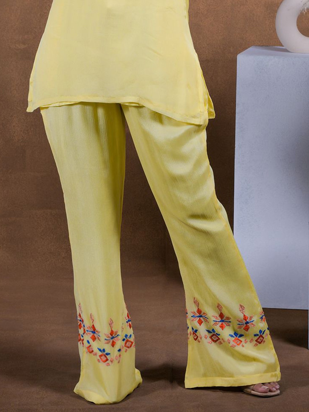 

Phulkari Forever Women Floral Embroidered Flared Handloom Chiffon Palazzos, Yellow