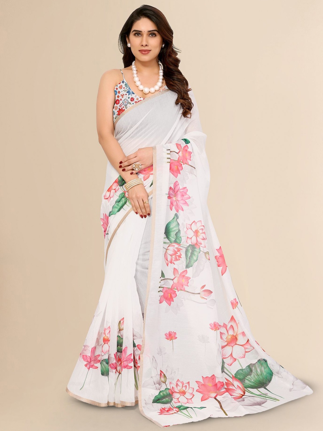 

Moda Rapido Floral Zari Saree, White