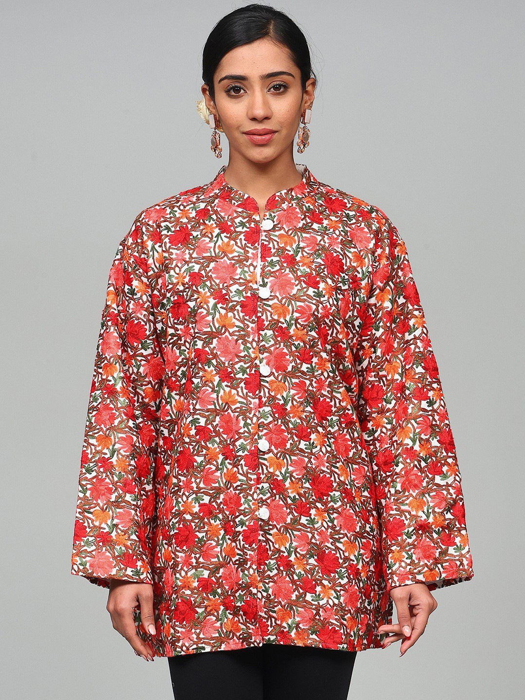 

Exotic India Women Floral Woollen Longline Tailored Jacket with Embroidered, White