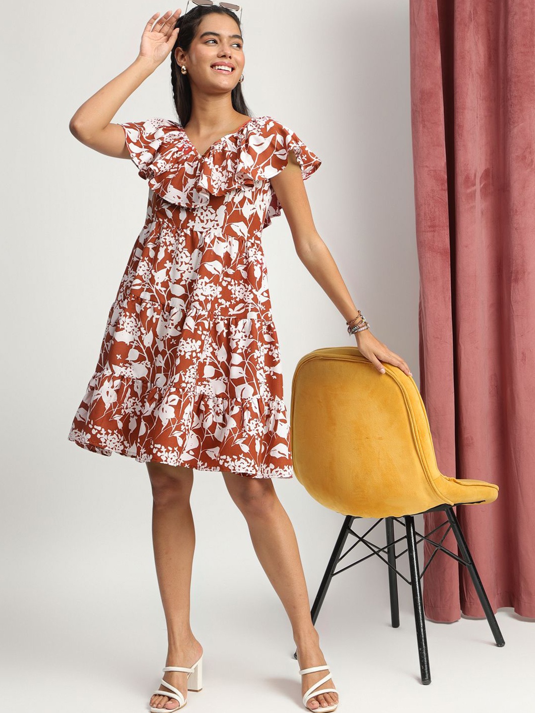 

FASHVERSE Floral Print Flutter Sleeve A-Line Dress, Rust