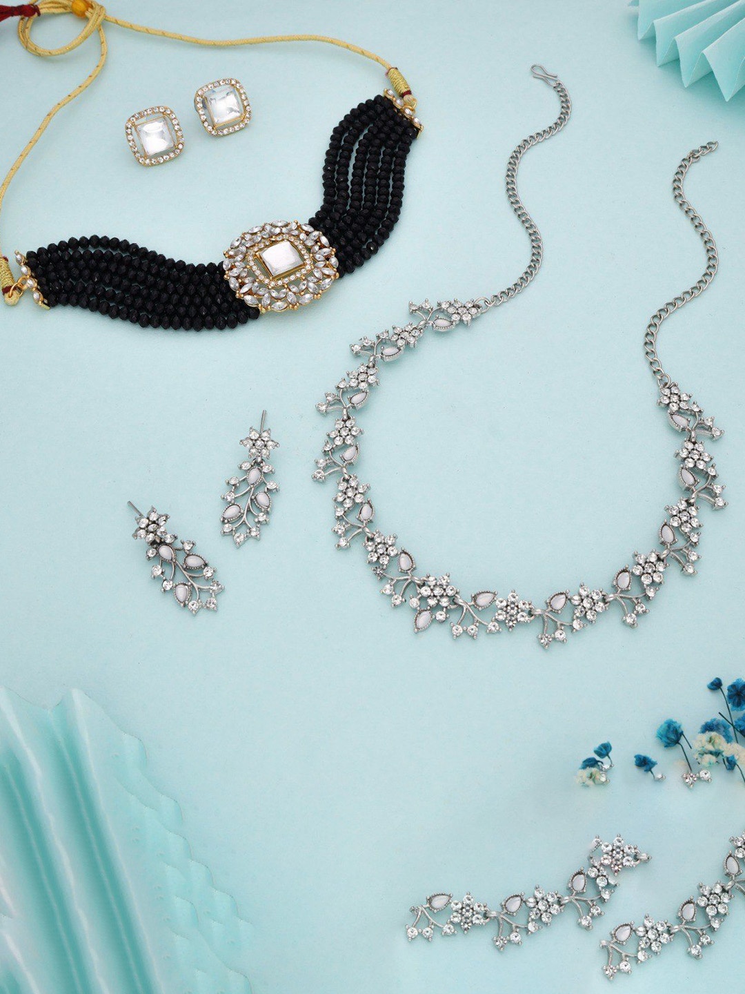 

Lyriss Set Of 2 Gold-Plated & Silver-Plated American-Diamond-Studded Jewellery Set