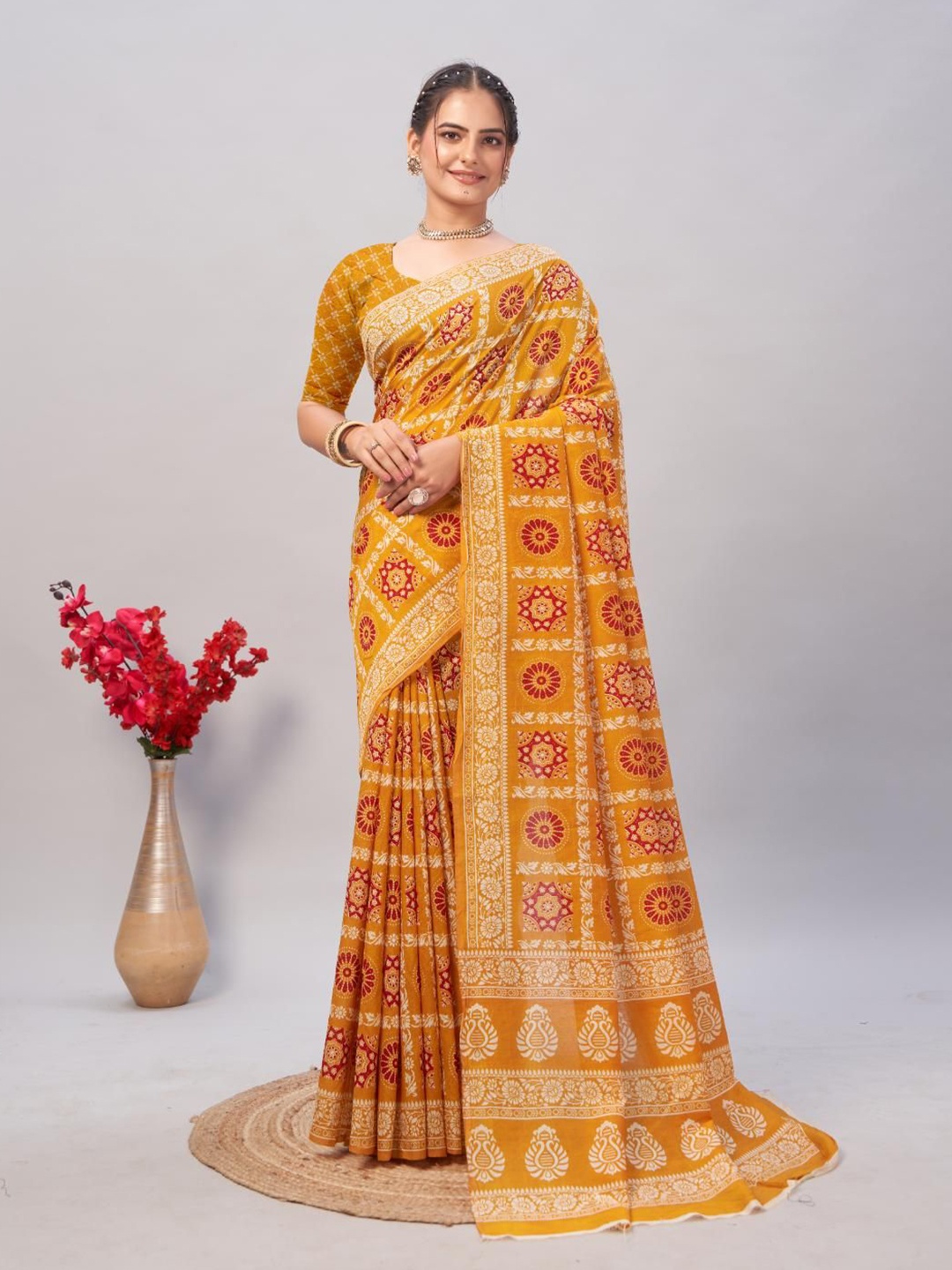 

HERE&NOW Ajrak Block Block Print Saree, Yellow