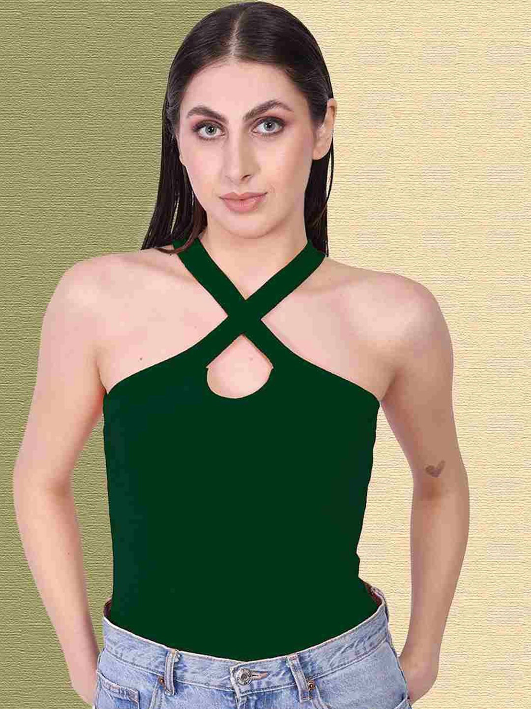 

Mast & Harbour Women Halter Neck Cotton Styled Back Top, Green