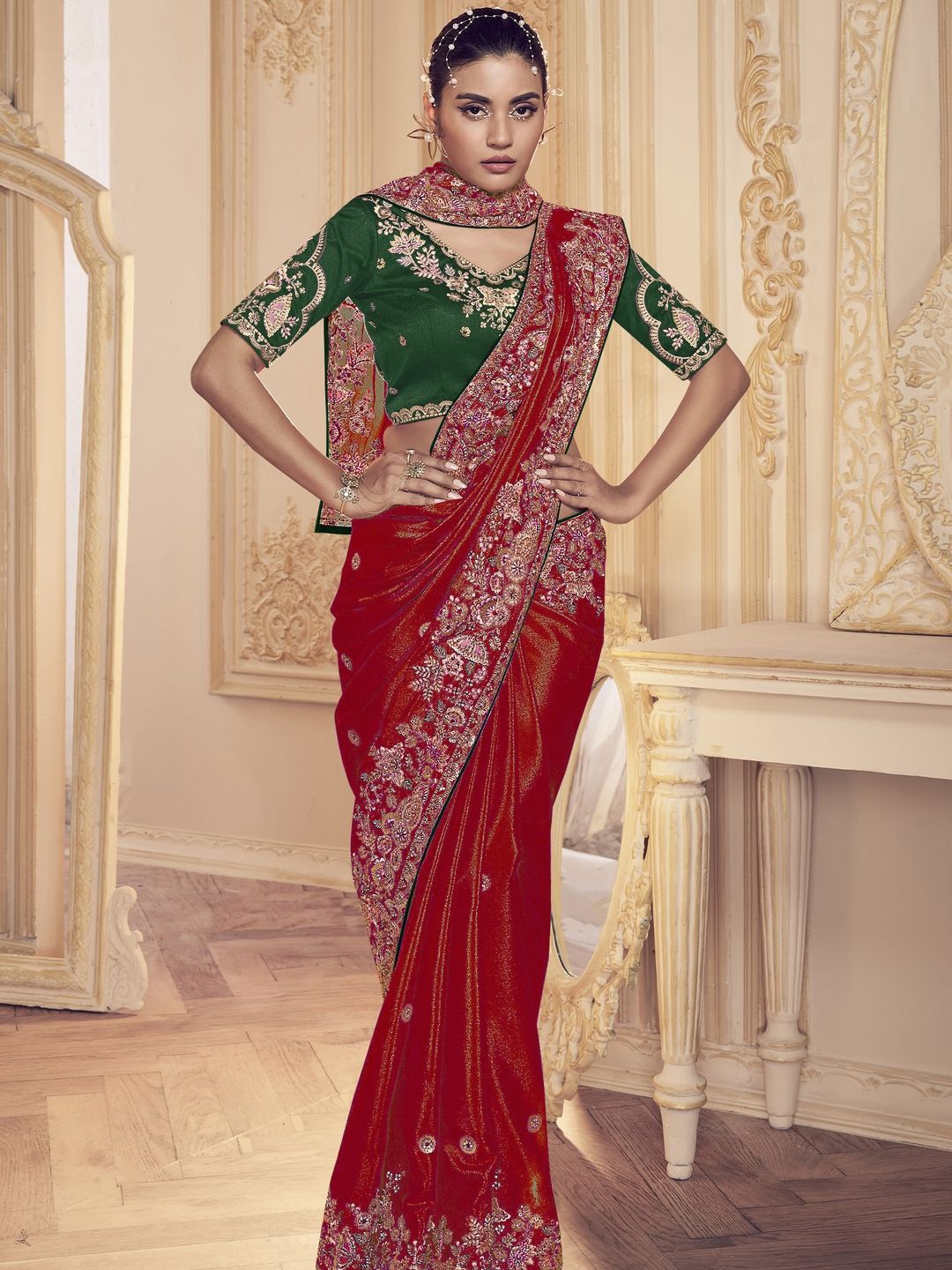 

Suha Floral Satin Saree, Red