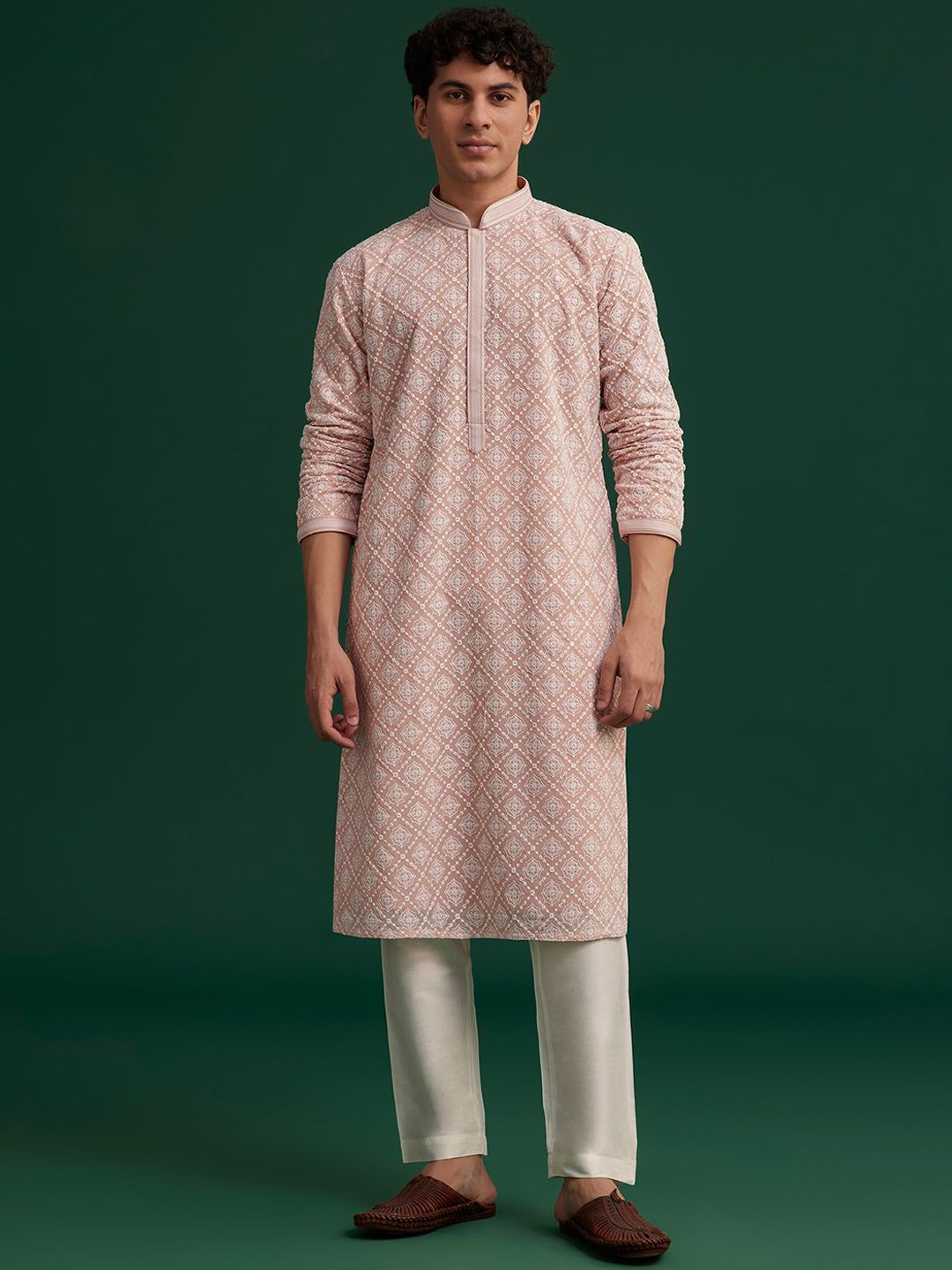 

KALKI Fashion Men Floral Embroidered Regular Thread Work Kurta with Trousers, Pink